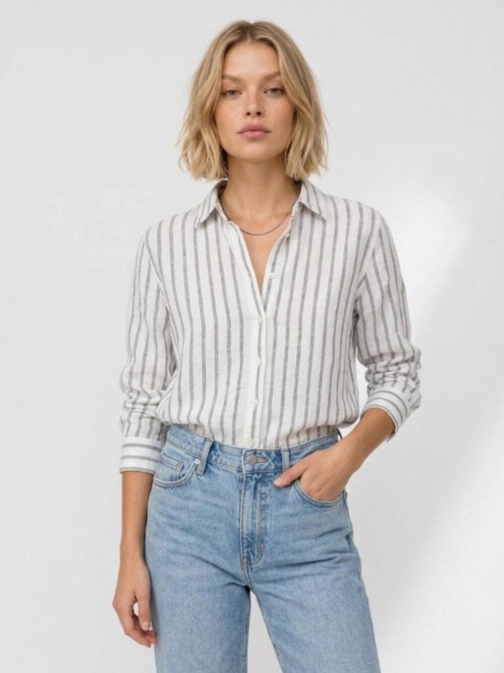 Quince European Linen White Button-Down Shirt with Gray Stripes